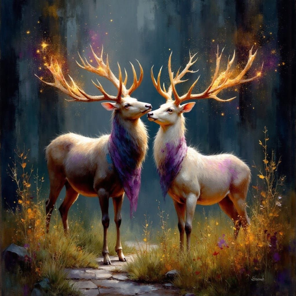 Mystical Deer Couple in Forest Glade at Night