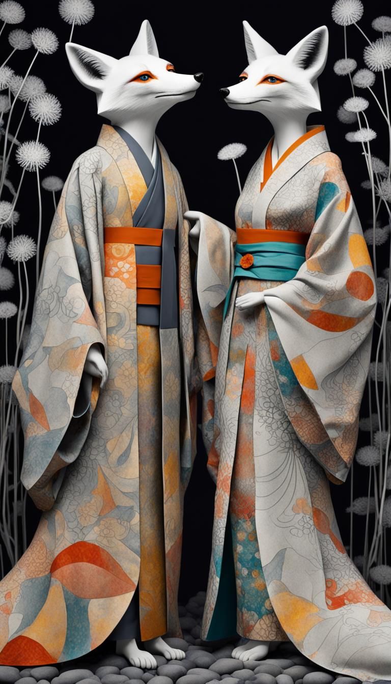 Kitsune fox couple wedding wearing intricately patterned kimonos, Japanese wedding, in a Million Dandelion dreamscape...