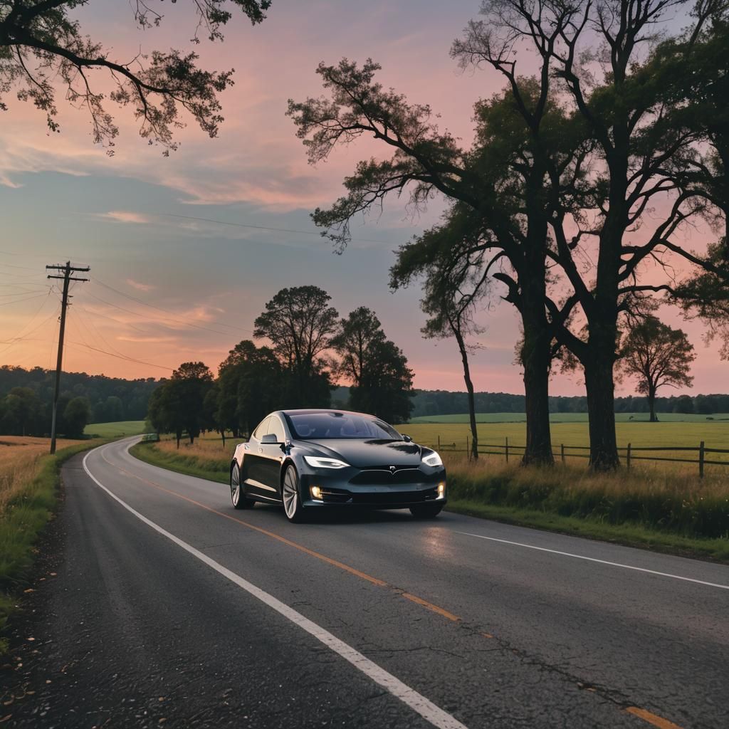 Tesla on Country Road at Dusk