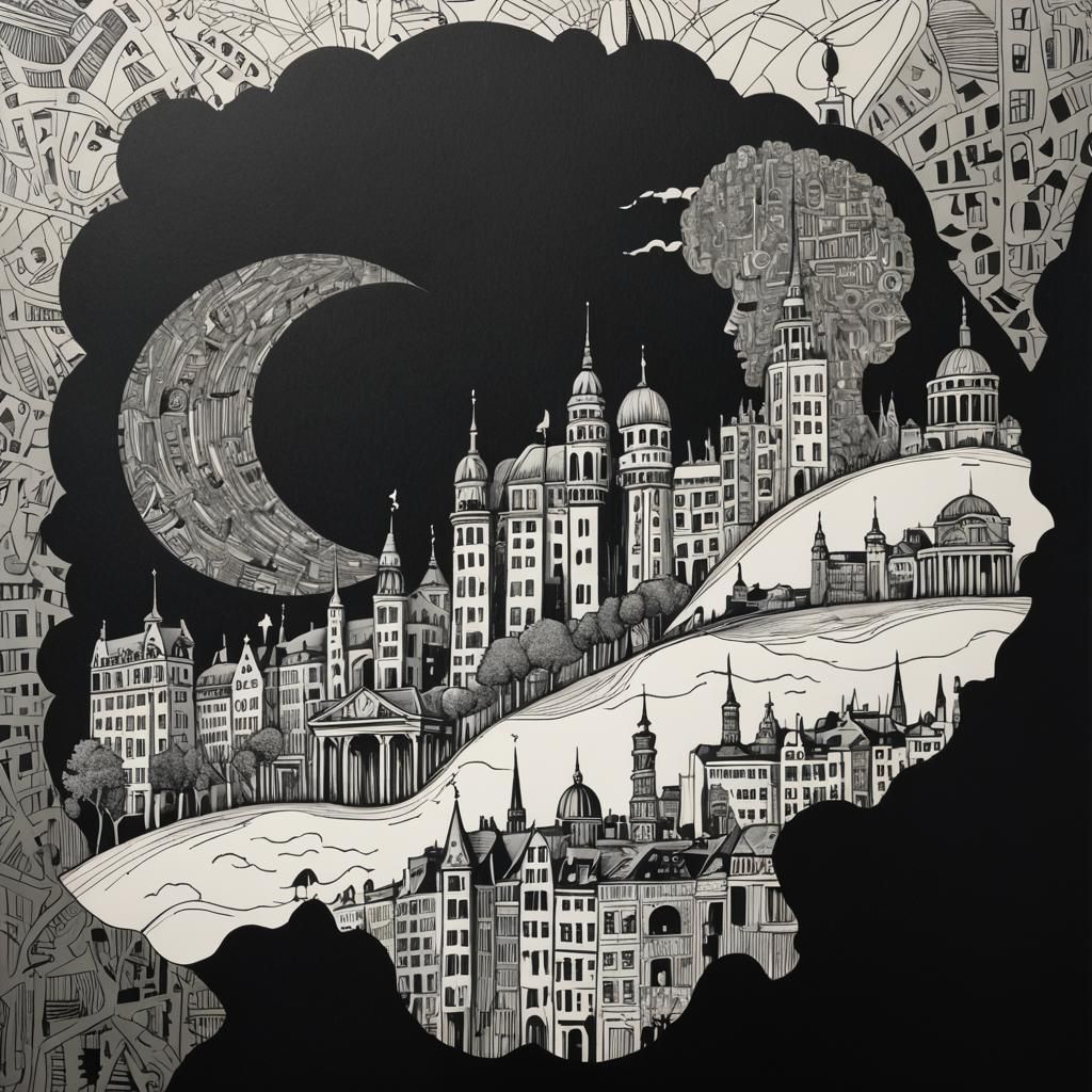 Surreal Berlin Cityscape in Scratch Paper Etching Style