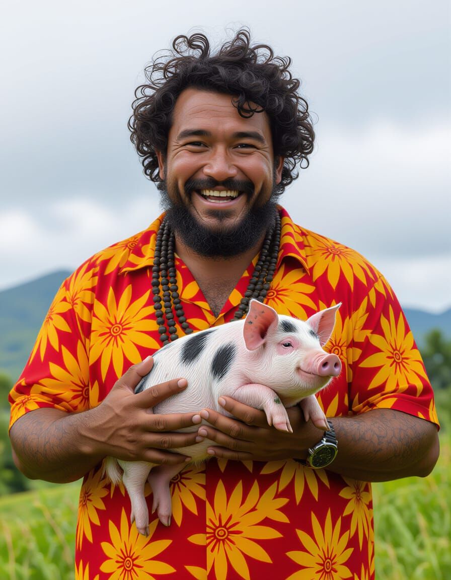 Smiling Samoan Man in Zero-G with Pig