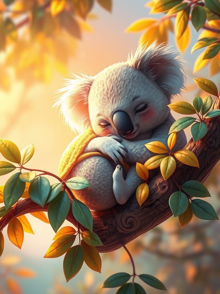 Serene Koala in Whimsical Cartoon Dreamscape