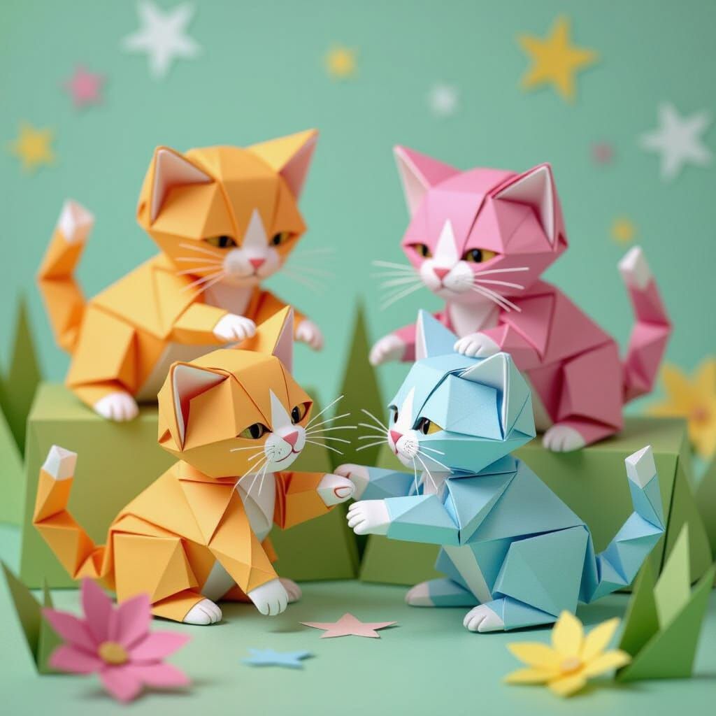 Playful Origami Kittens in a Paper World