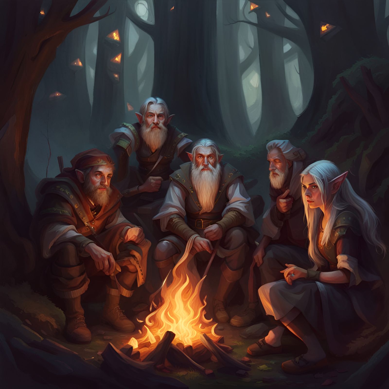 Medieval Fantasy Party Around Campfire, Digital Art