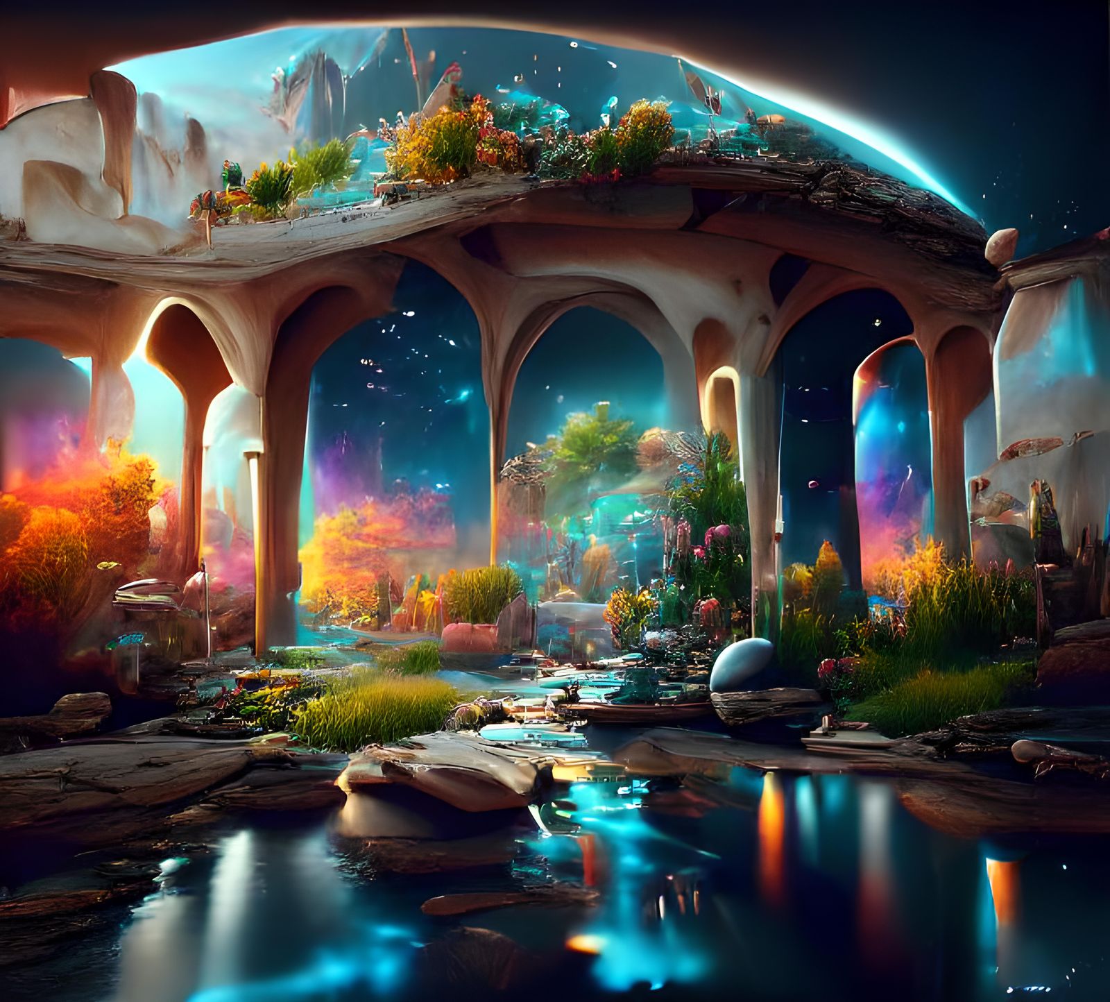 Sci-Fi Alien Zen Garden with Cosmic Sky