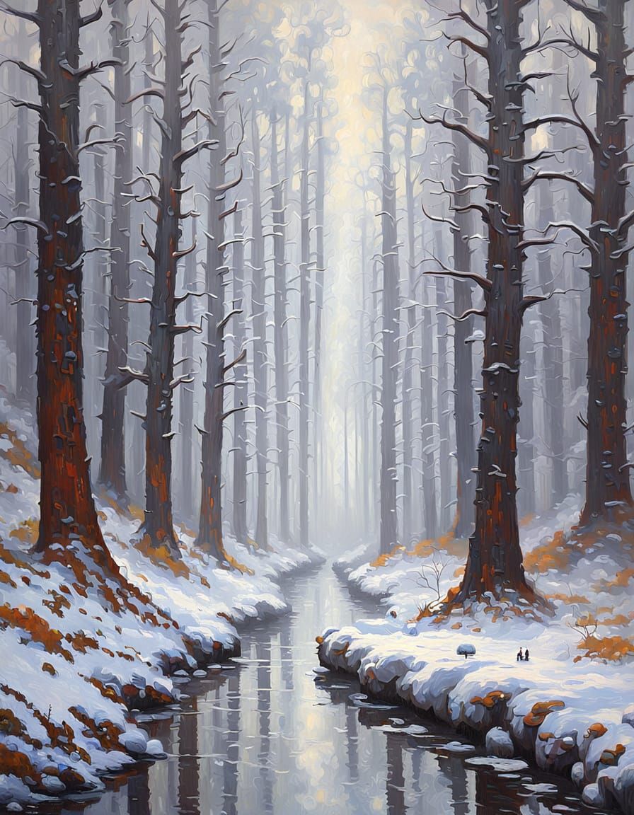 Misty Snow Forest with Hidden Deer, Textured Oil Painting