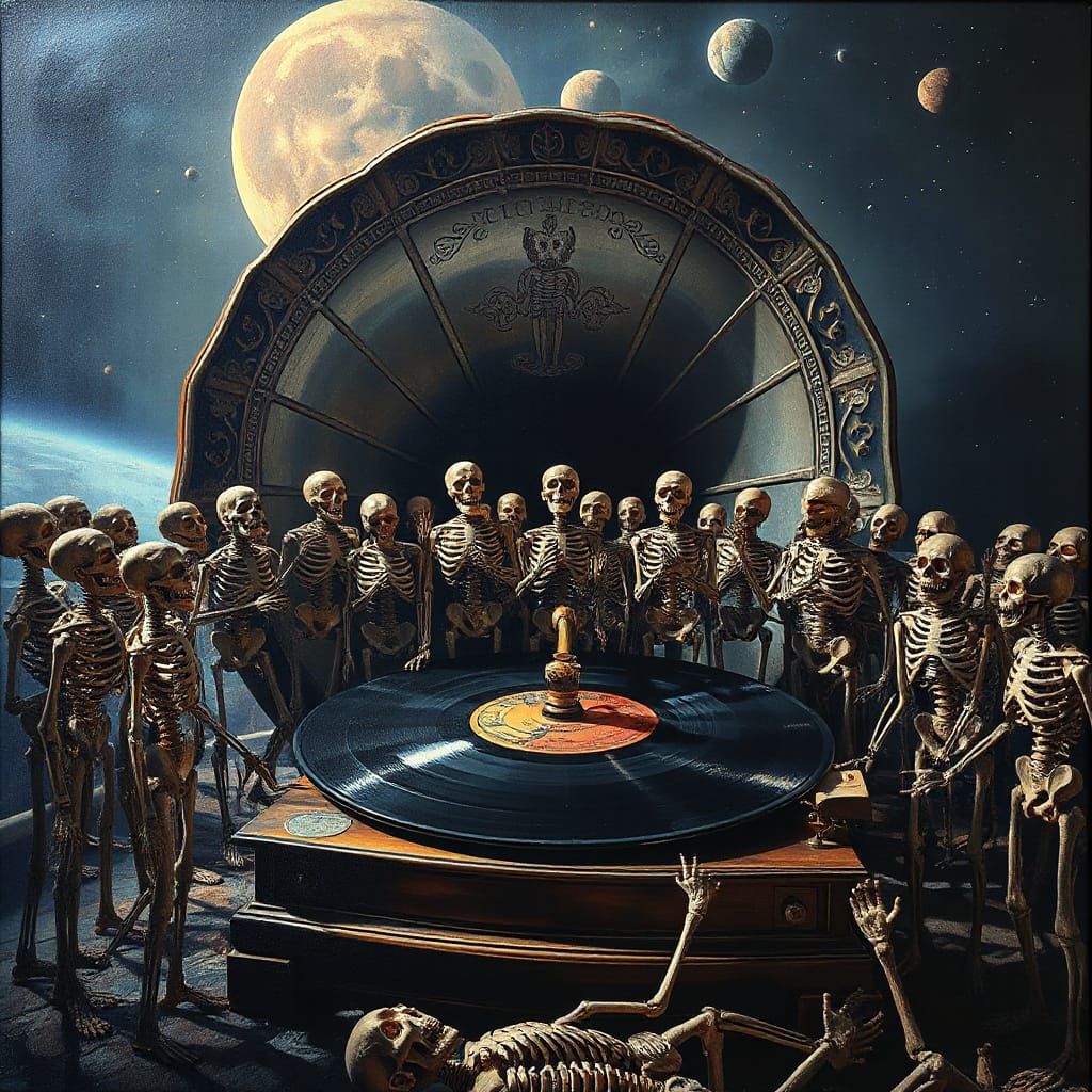 Skeleton Choir's Space Concert: A Dramatic Oil Painting