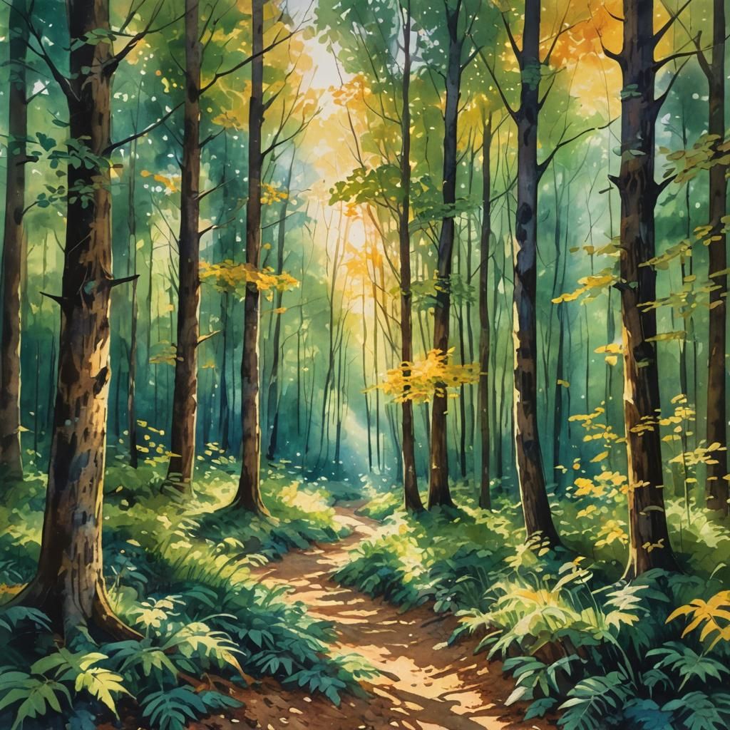 Luminous Forest: Impressionist Watercolor Painting