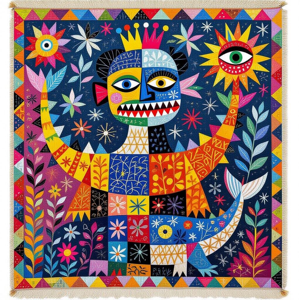 Cubist Sea Monsters on Folk Art Tapestry