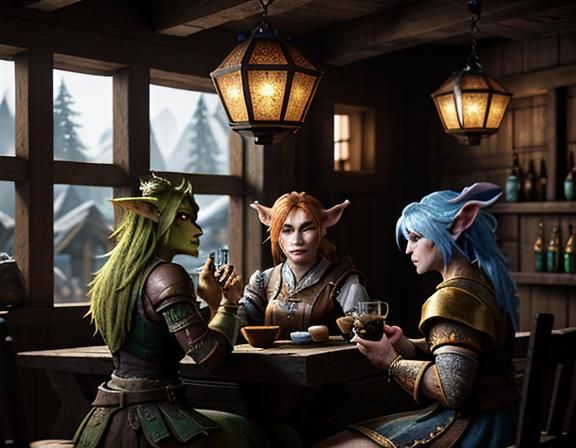Goblin Cocktail Hour in Fantasy Tavern: 3D Render