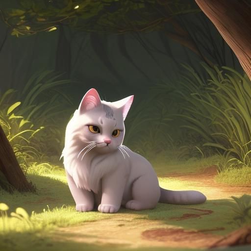 Fluffy Kitten by Forest Stream in Cinematic Style