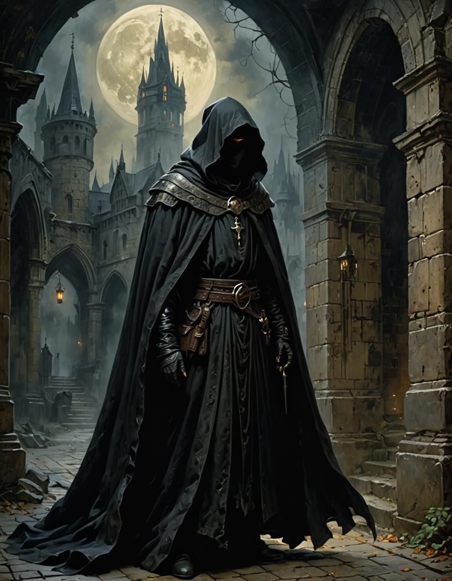 Dark Faceless Ghost in Medieval Dungeon, Fantasy Art