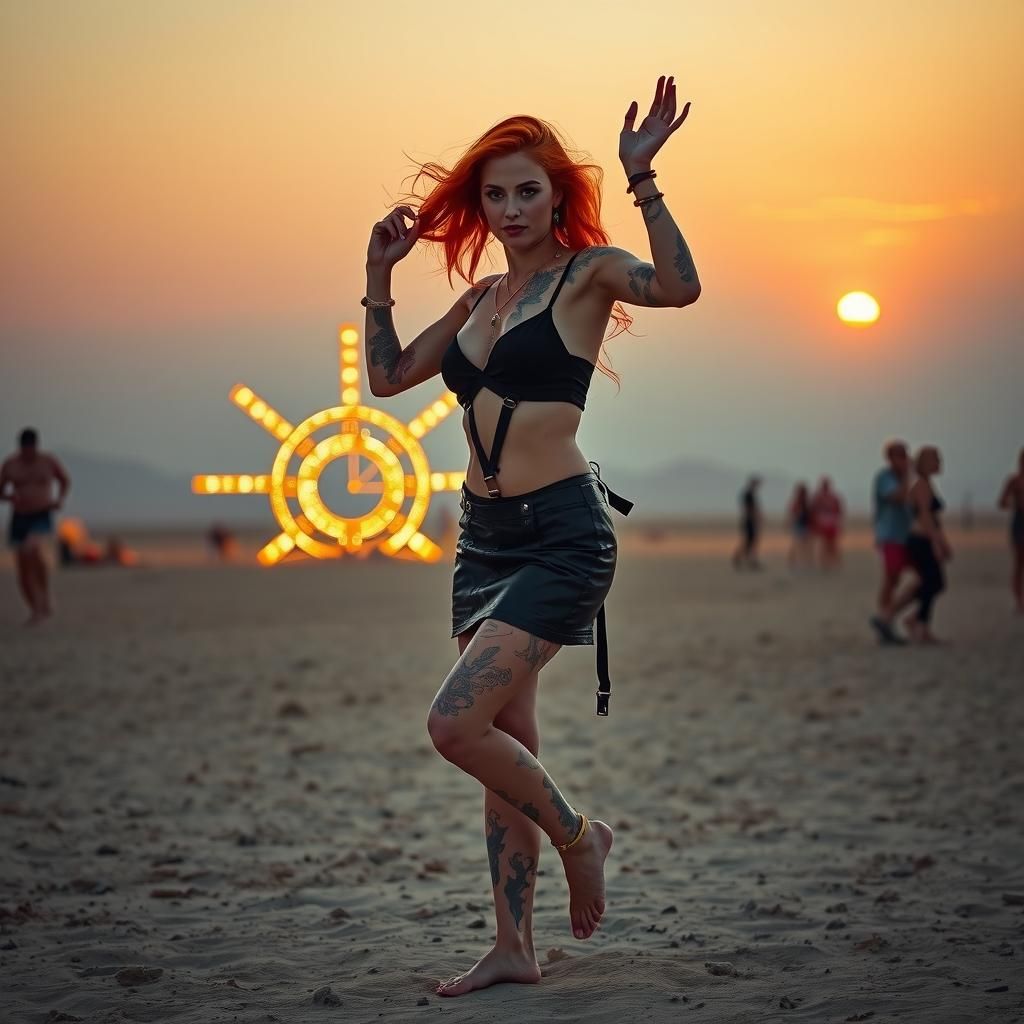 Redhead Dancer at Burning Man in Futuristic Style