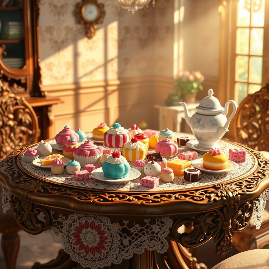 Whimsical Anime Table Setting with Colorful Sweets