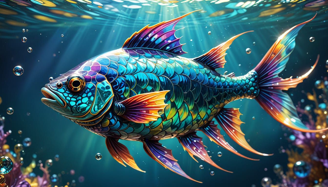 Glass Fish School in Abstract Fractal Splash Art