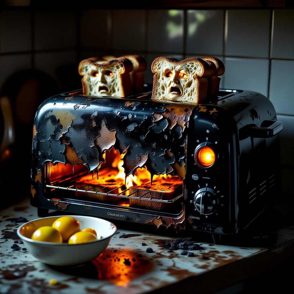 Haunted Toaster Oven in Shadowed Kitchen