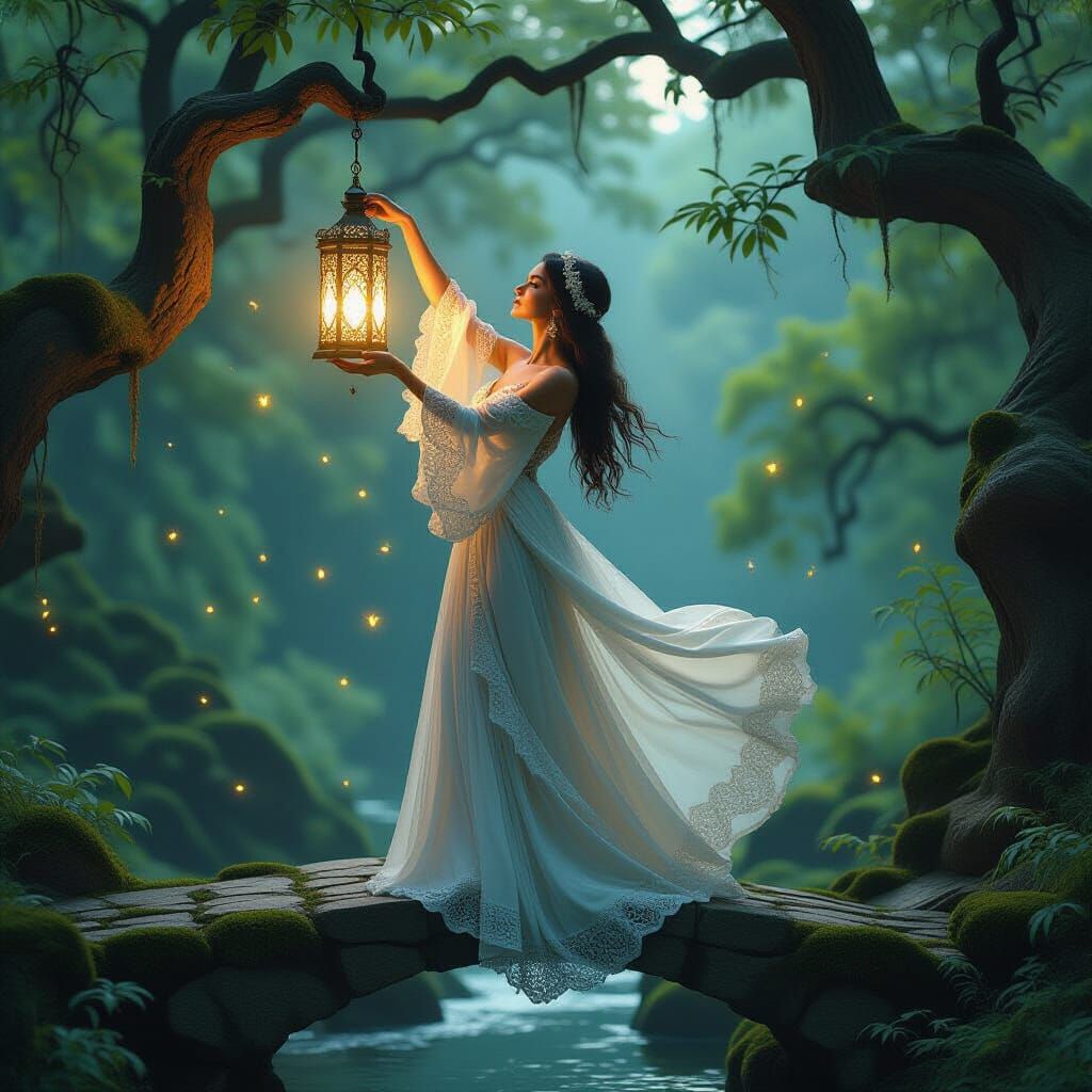 Ethereal Woman with Lantern in Mystical Forest