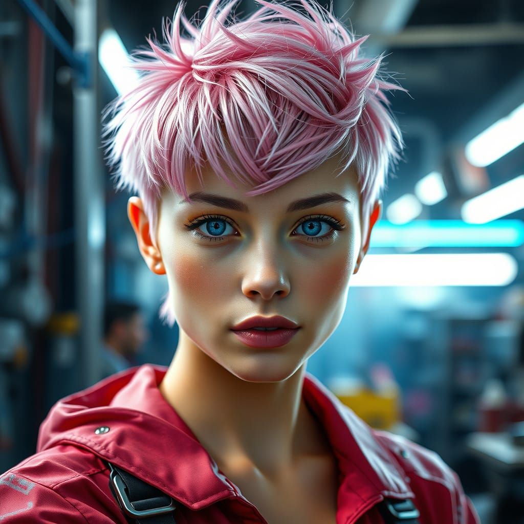 Pink-Haired Mechanic Radiates Charm in Film Still Portrait