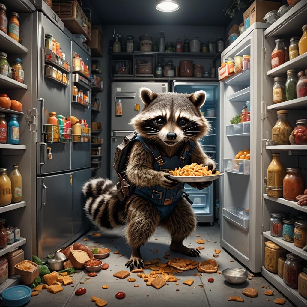 Masked Raccoon Steals Food: Detailed Digital Painting
