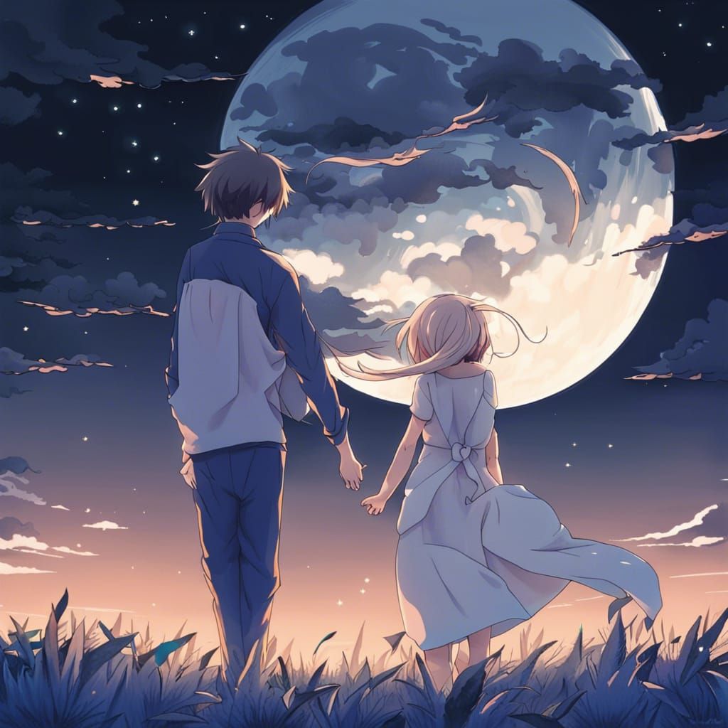 Romantic Couple Under Full Moon in Anime Style