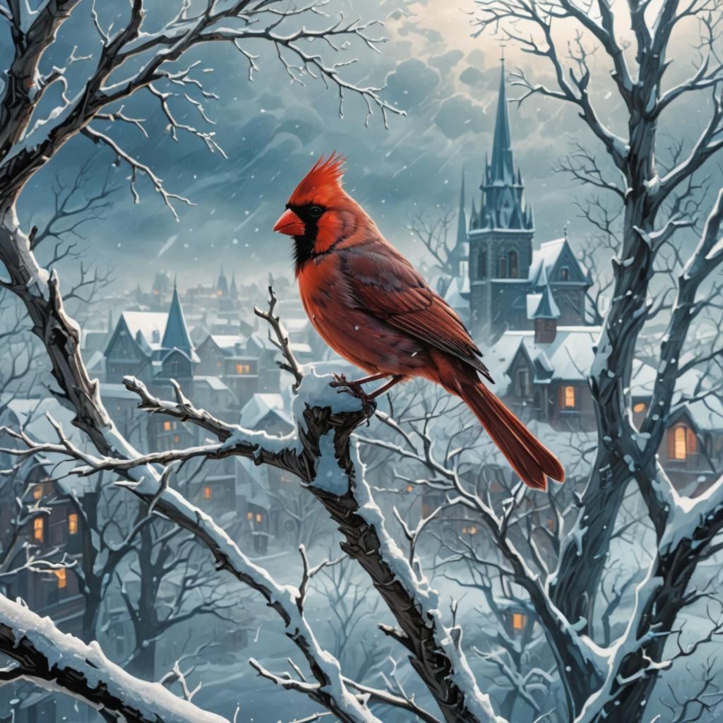 Cardinal in Winter, Comic Book Style Illustration