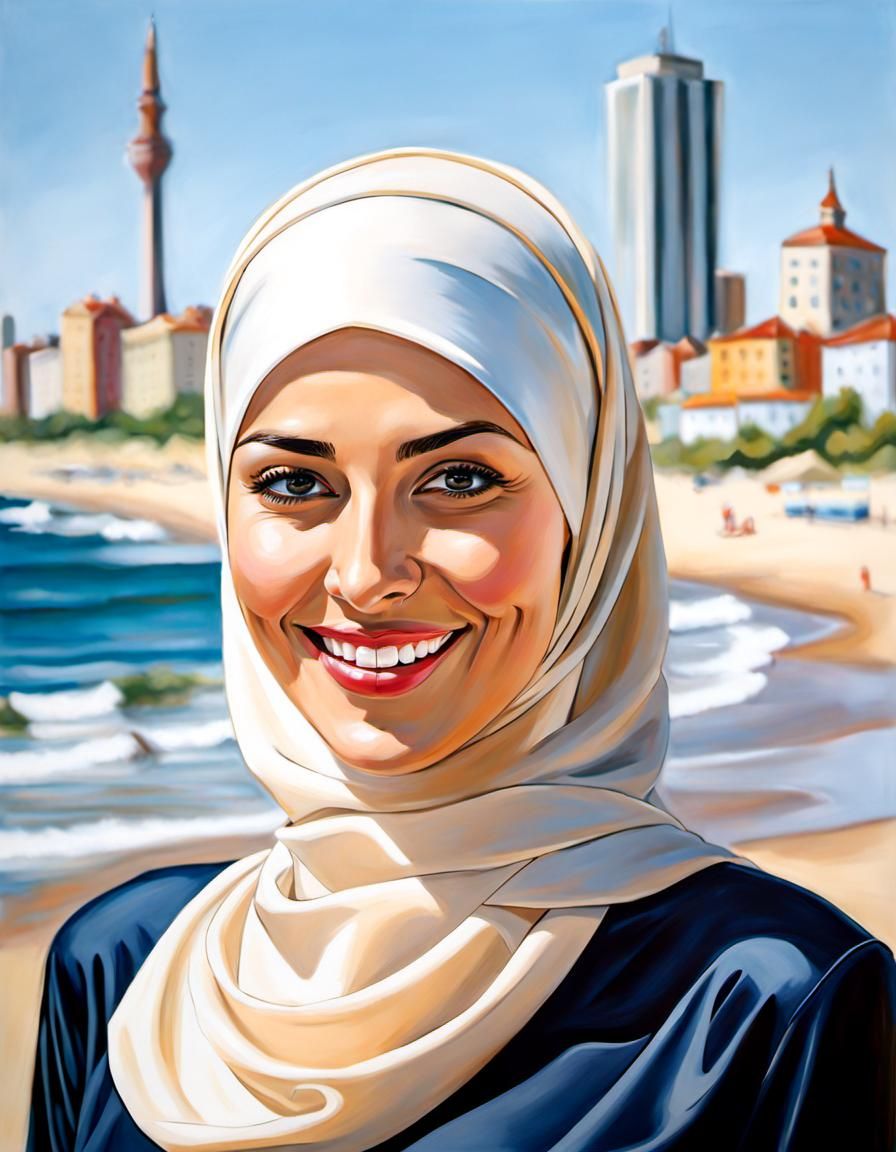 Elegant Hijabi Woman on Beach, Oil Painting