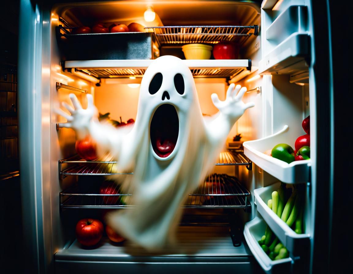 Terrified Man and Ghost in Refrigerator Photo