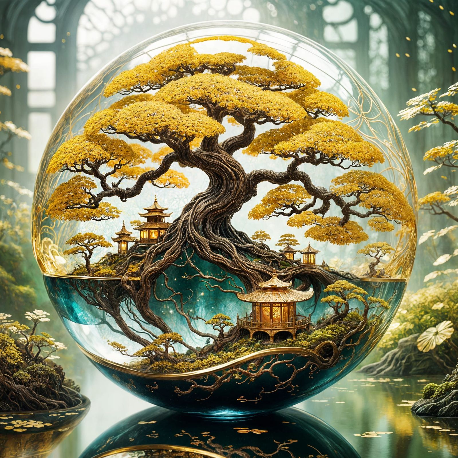 Golden Bonsai Garden Inside Glass Sphere