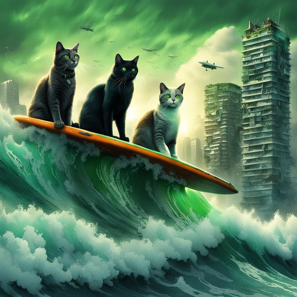 Cats Surfing Tsunami in Apocalyptic City