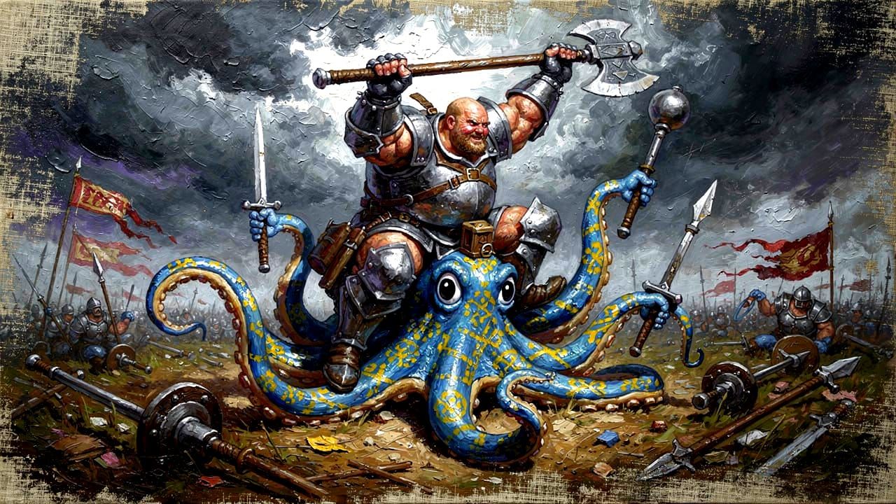 Knight on Octopus steed in battle, impasto oil painting