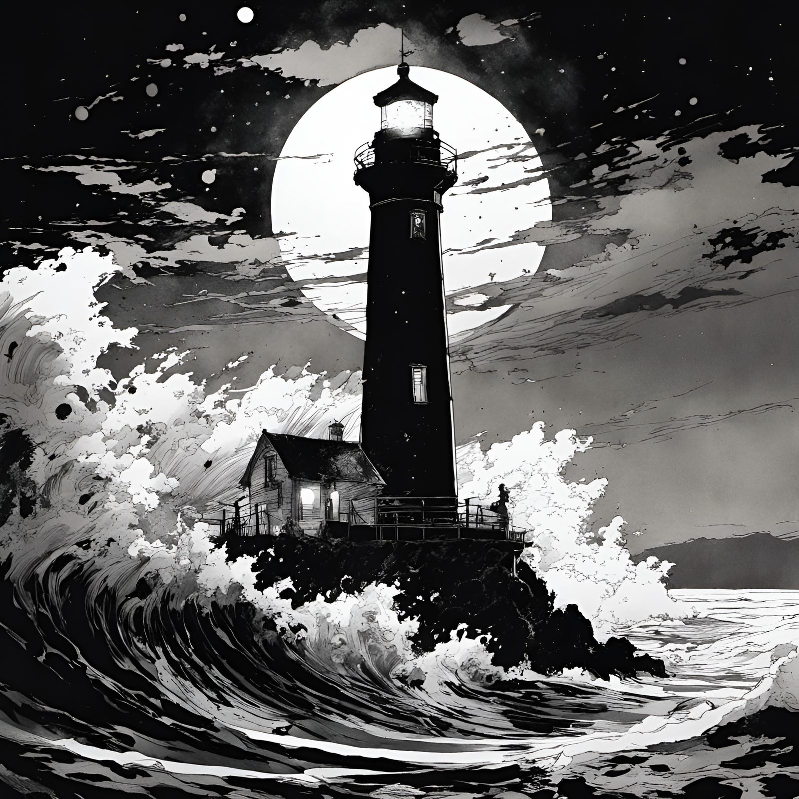 Haunted Lighthouse at Night in Ink Drawing Style