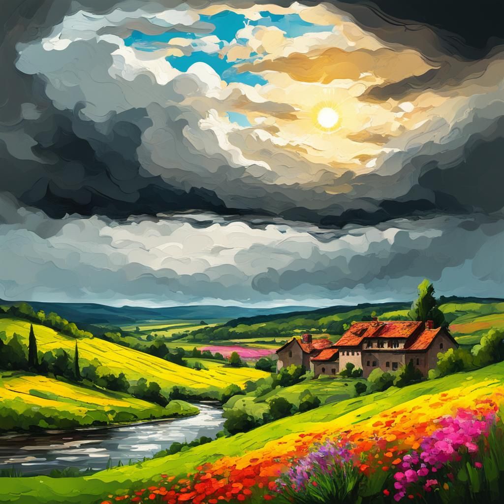 River Valley Villa Before Storm, in Graffiti Art Style