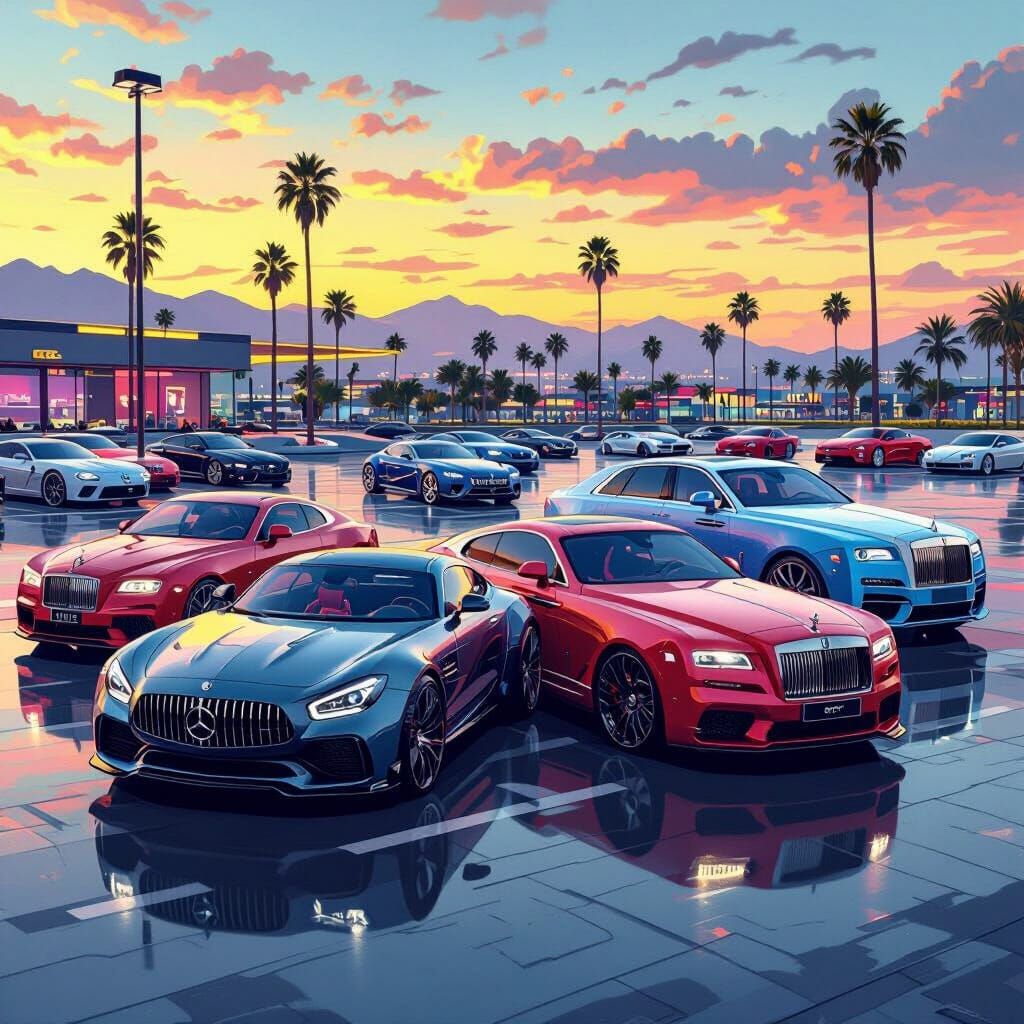 Luxury Cars in GTA-Style Lot, Hyperrealistic Art