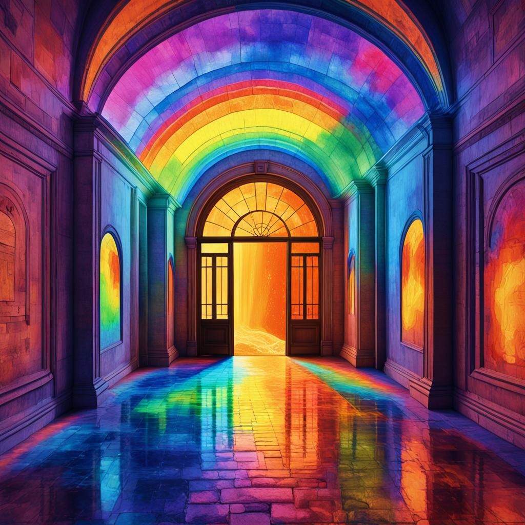 Rainbow Hallway with Floating Orb in Watercolor