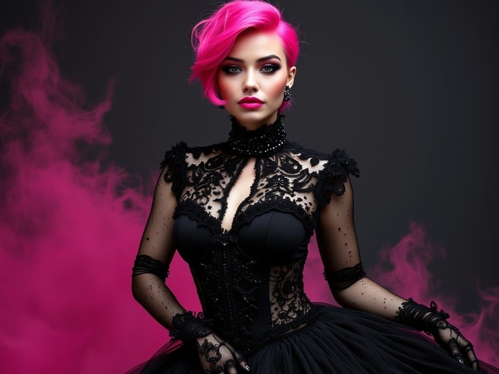 Gothic Wedding Dress in Neon Pink and Black with Intricate D...