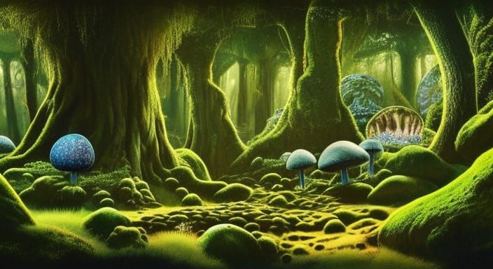 Mystical Forest Landscape with Giant Mushrooms