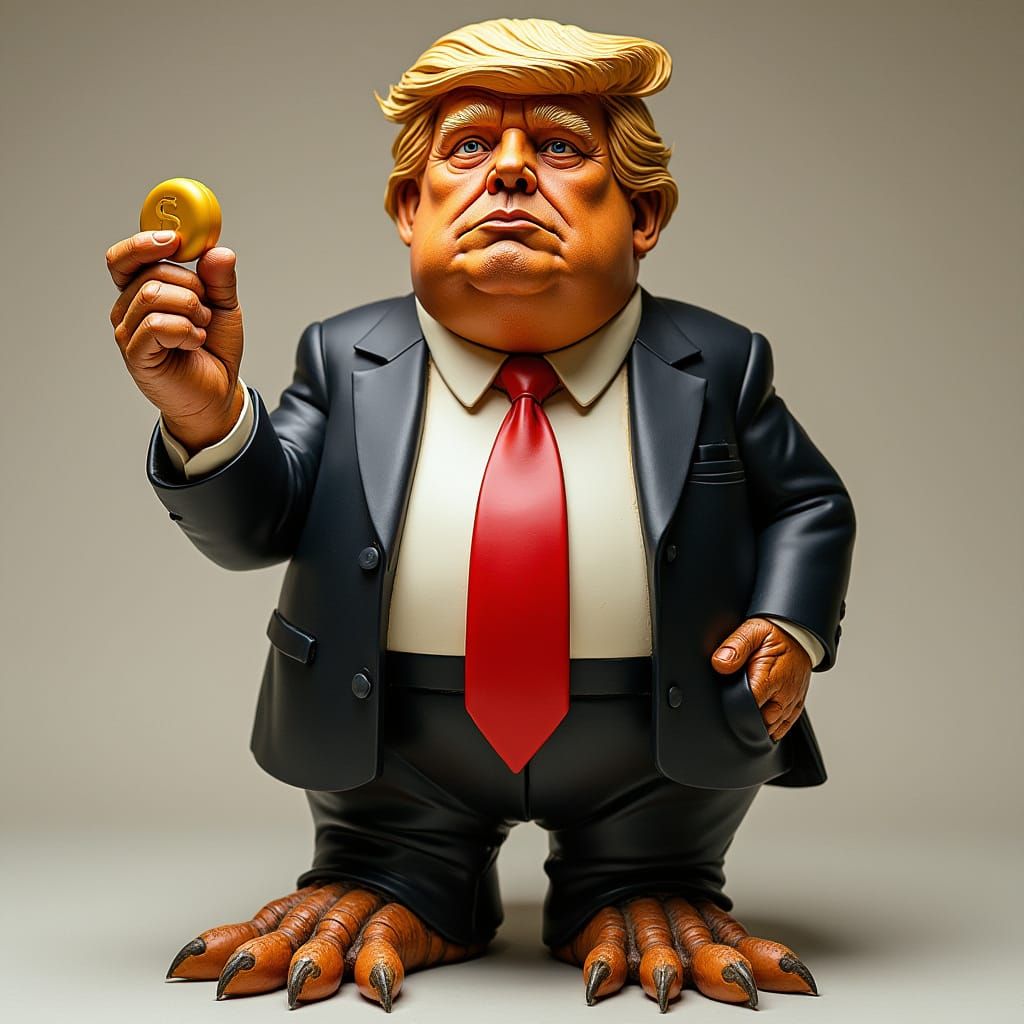 Surreal Trump Figure in Wood Carving Style with Pop Art Twis...