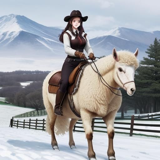 Anime Girl Herding Sheep in Snowy Landscape