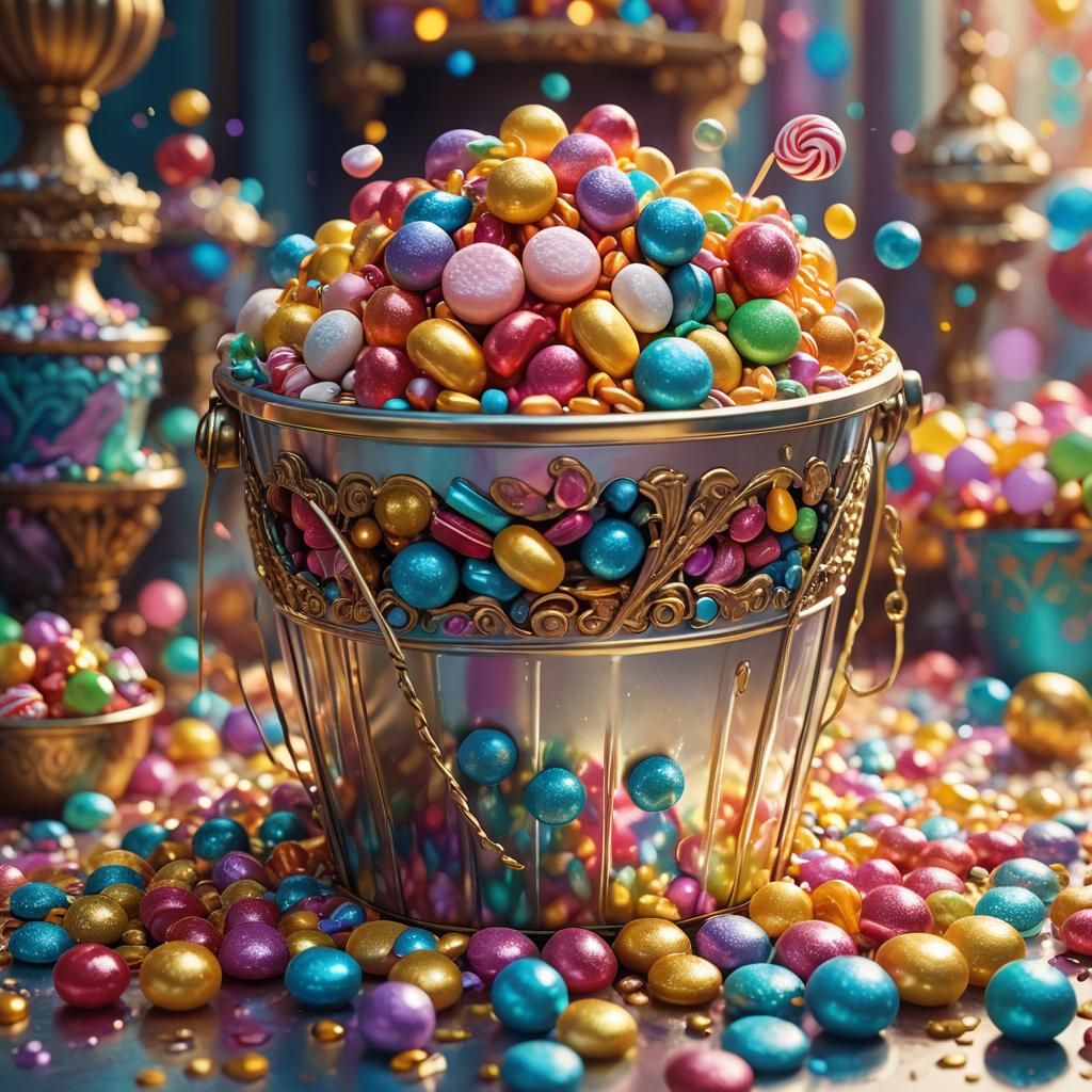 Bucket Overflowing with Colorful Sweets in Fantasy Style