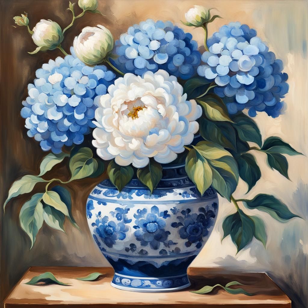 Chinoiserie Vase with Hydrangea and Peonies as Gouache