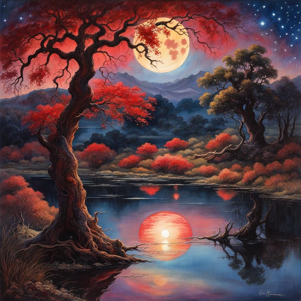 Blood Moon Reflection: Artistic Illustration in Watercolor S...