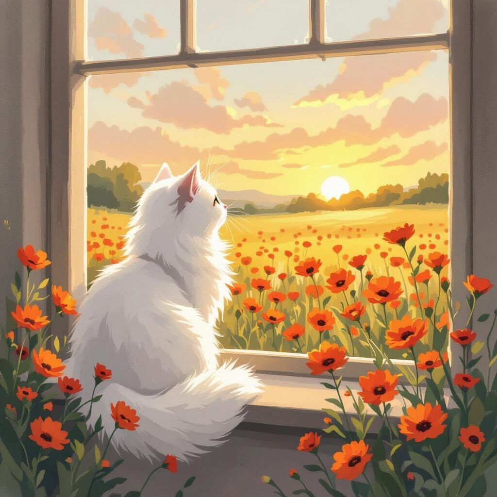 Cat Gazing at Wildflowers: Watercolor Magical Realism