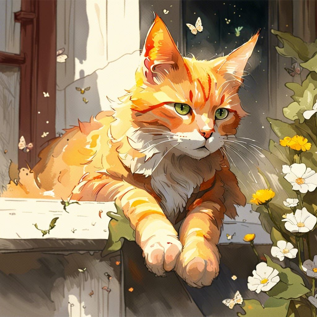 Adorable Ginger Cat on Porch in Watercolor Style