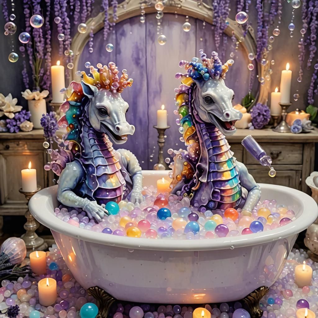 Seahorses' Romantic Candlelit Bubble Bath: Acrylic Watercolo...