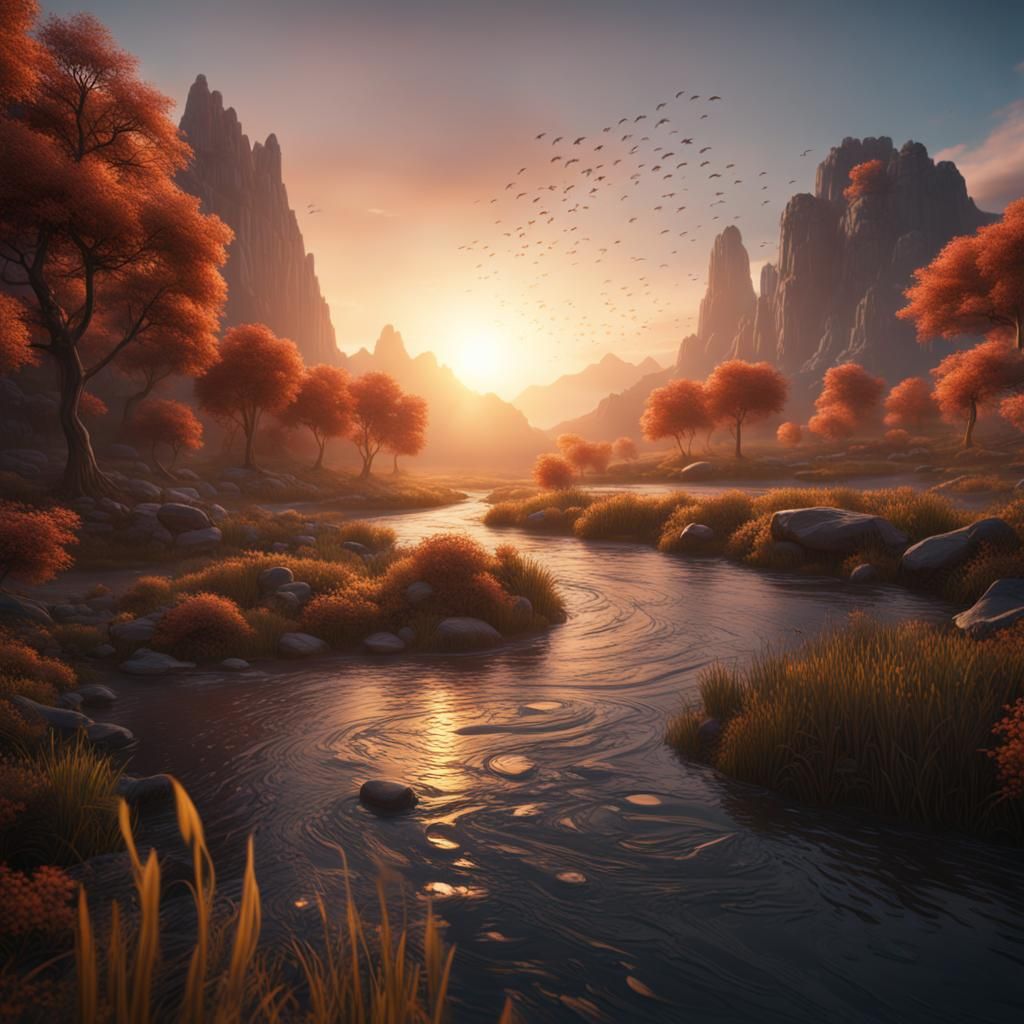 River of Fish Under Sunrise: Fantasy Concept Art