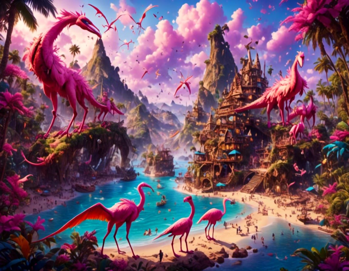 Tropical Beach with Prehistoric and Modern Wildlife