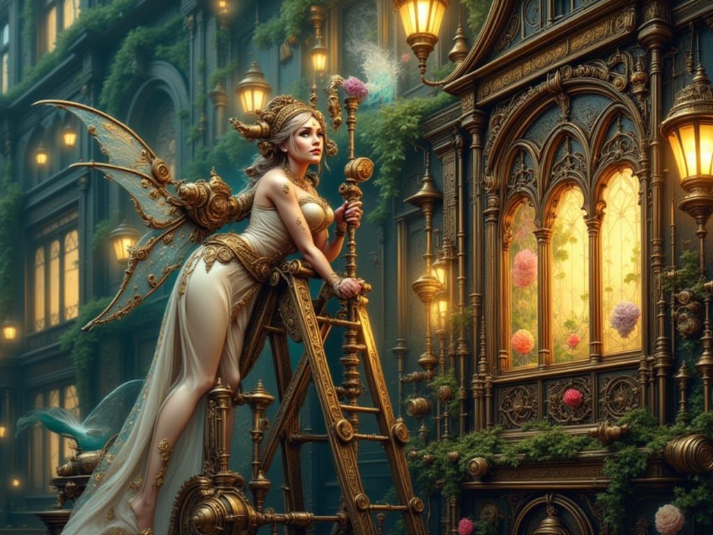 Magical Window Cleaner with Steampunk Engine in Whimsical St...