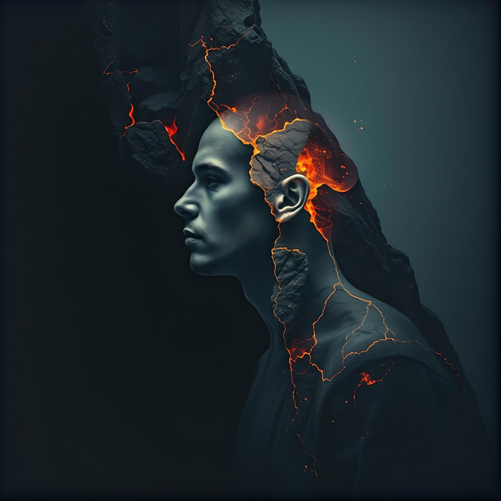 Ethereal Double Exposure: Ghostly Figure with Rocky Interior