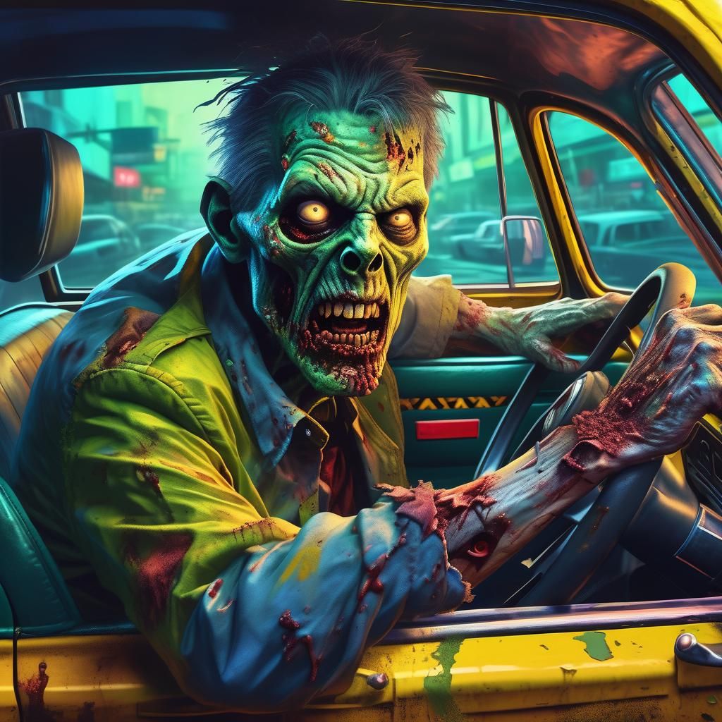 Hyperrealistic Zombie Drives Taxi in Splash Art Style