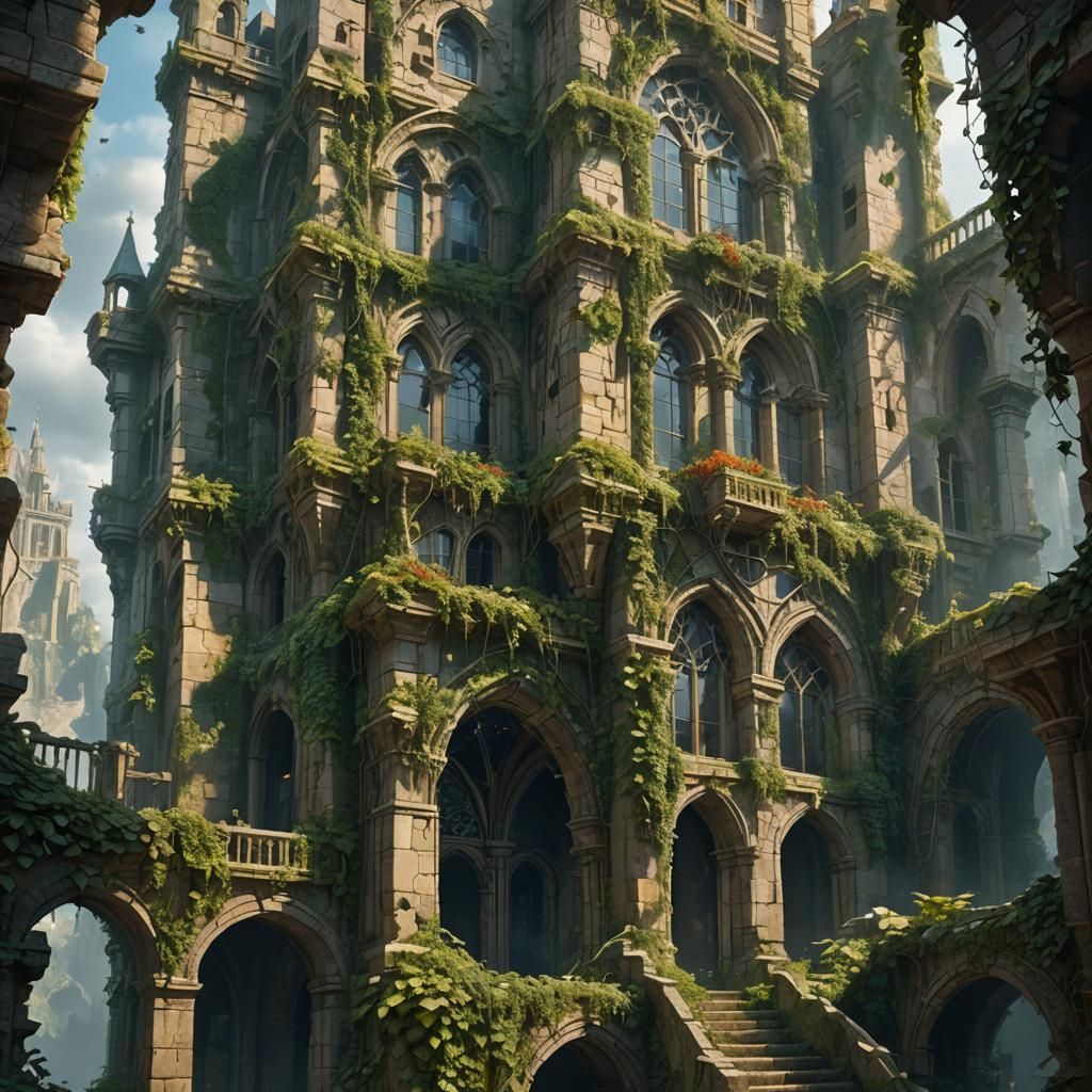 Overgrown Castle Ruins in Fantasy Landscape